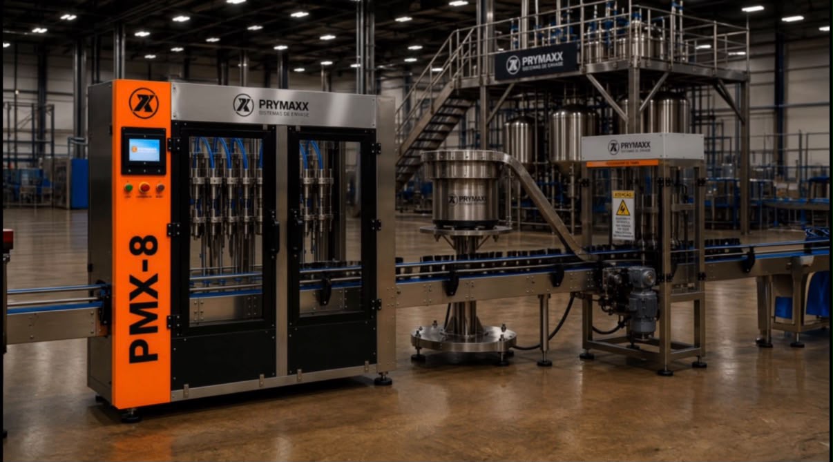 Linha automática PRYMAXX PMX-8 com envasadora, fechamento e transporte integrados